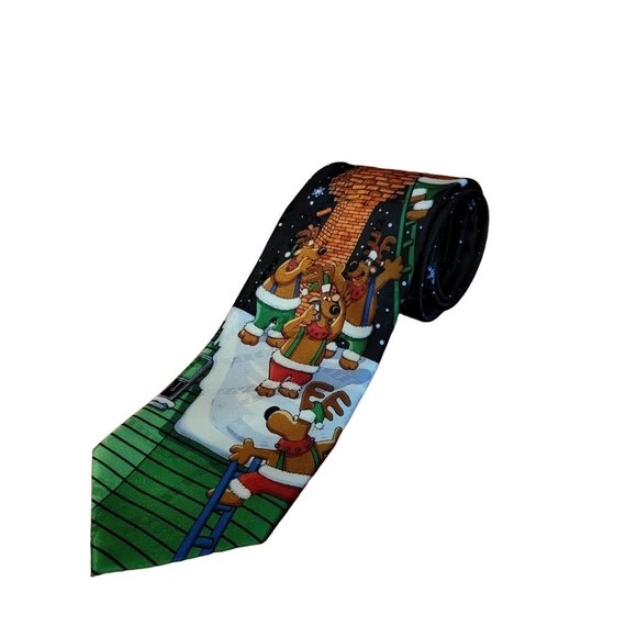 MMG Yule Hallmark Christmas Tie Navy Blue Santa Stuck in the Fireplace - Picture 3 of 12